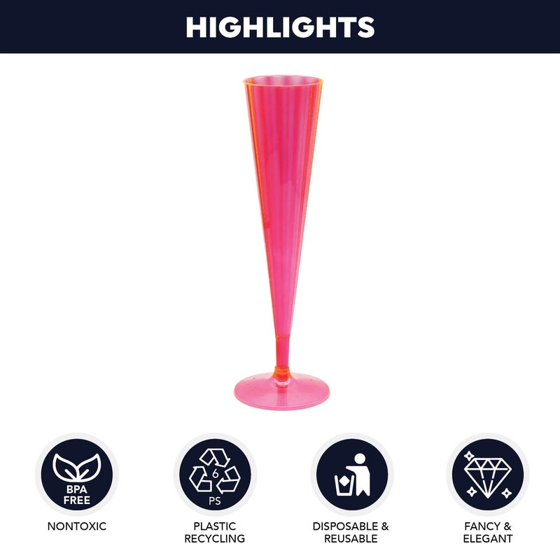 Party Essentials 100Count Hard Plastic Twopiece 5 oz Champagne Flutes, Neon Pink - Image 2